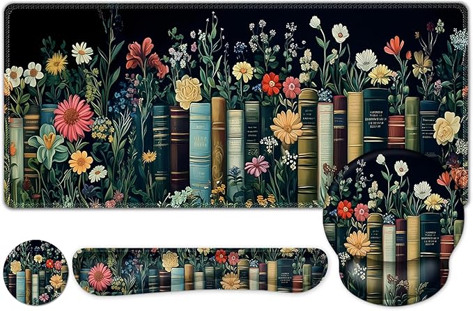 Wildflowers Mouse Pad, Large Desk Mat Extended Nature Botanical Aesthetic Deskpad, 4 PCS Non-Slip Rubber Base Computer Mouse Pads for Work, Game, Office, Home Decor Gifts I Floral Plants Books
