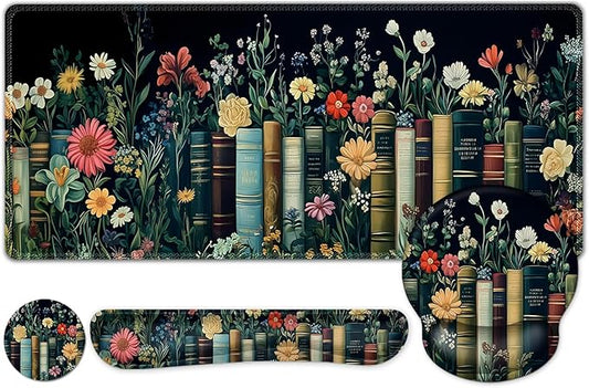Wildflowers Mouse Pad, Large Desk Mat Extended Nature Botanical Aesthetic Deskpad, 4 PCS Non-Slip Rubber Base Computer Mouse Pads for Work, Game, Office, Home Decor Gifts I Floral Plants Books