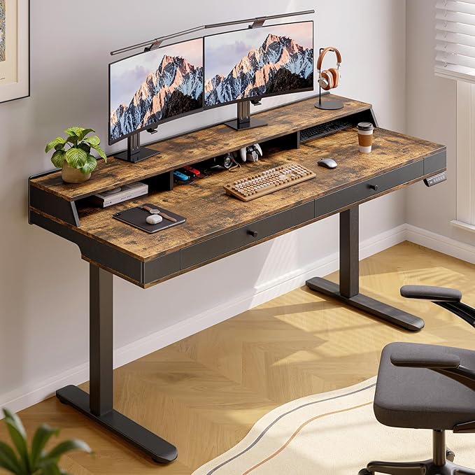 ONBRILL Standing Desk with Drawers, 55x23.6 Electric Stand Up Desk with Storage Shelf and Memory Controller, Sit Stand Desk Adjustable Height from 28-46" for Computer Workstation, Rustic Brown
