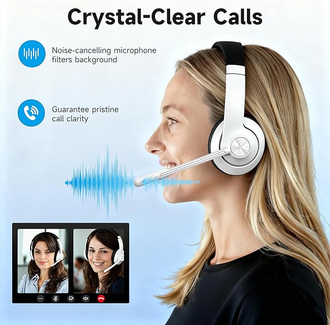 AOC Wireless Headset with Mic for Work with Noise Cancelling Mic for Clear Calls, 30H Playtime PC Bluetooth Headphones and Multipoint Connect to Laptop Computer and Mobile, Wired or USB Dongle- White