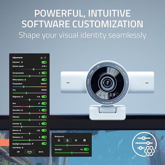 Razer Kiyo V2 Streaming Webcam: 4K 30 FPS, 1080p 60 FPS - AI Powered Auto-Framing - Built-in Microphone - Ultrawide Angle Lens - Privacy Cover - Works with OBS, Xsplit, Discord, Zoom, Teams - White
