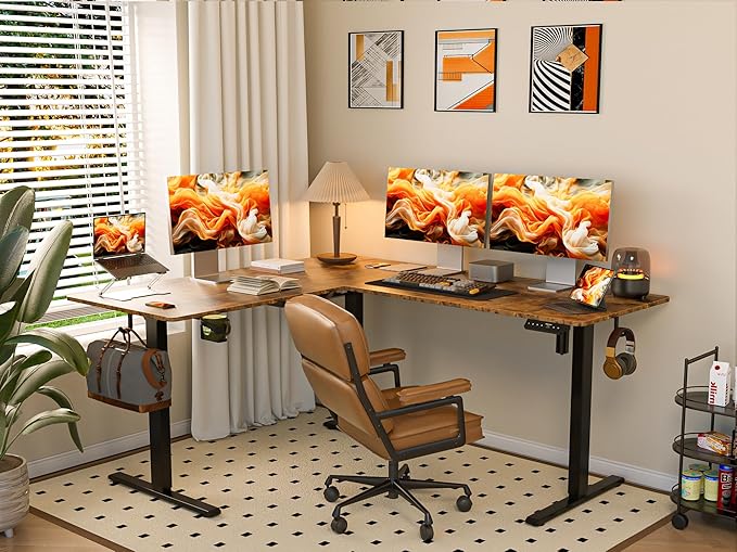75x61 Inches Reversible L Shaped Standing Desk Height Adjustable with Cup Holder, Electric Corner Computer Workstation for Home Office, Ergonomic Sit Stand up Gaming Desk, Rustic Brown