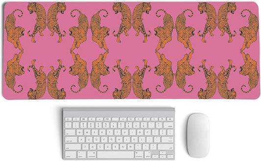 Pink Tiger Decor Desk Mat, Large Girly Cheetah Mouse Pad, Leopard Print Desk Mat for Girls Dorm Home Office Decor, Tiger Mouse Pad Desktop Decor,31.5x11.8