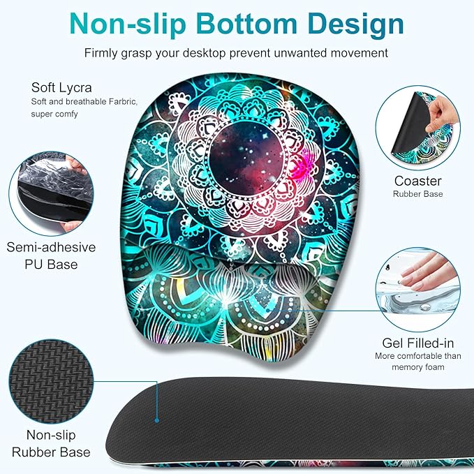 Large Mouse Pad with Wrist Support 4 in1 Set, XXL Big Game Mousepad + Keyboard Wrist Rest+Mouse Wrist Rest+Coaster Ergonomic Gaming Mat for Home Office Table Computer I Nice Green Mandala