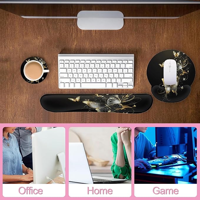 Golden Butterfly Keyboard Wrist Rest Pad Mouse Pad Set,Ergonomic Mousepad Wrist Support Memory Foam Desk Pad for Gaming Office,Non-Slip Rubber Base Easy Typing for Home Office Computers