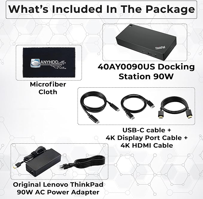 40AY0090US Lenovo Thinkpad Docking Station Dual Monitor - Supports 4K Display, Thinkpad Dock with 90W Adapter, HDMI, DisplayPort, USB C Cables & Cloth - Lenovo Docking Station
