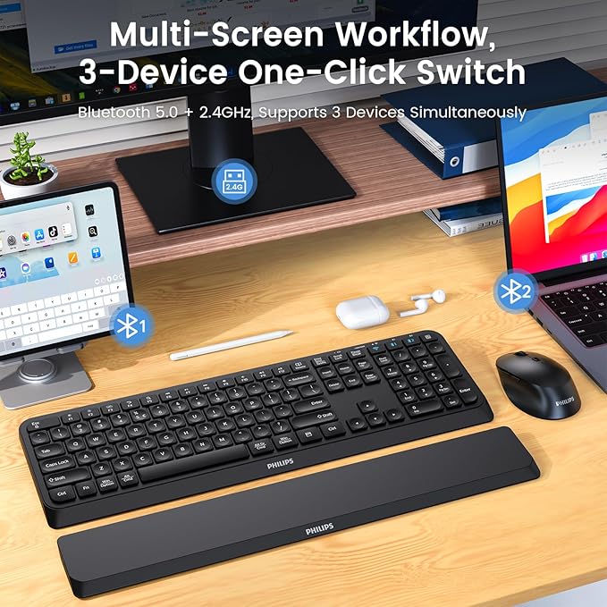 PHILIPS Bluetooth Keyboard and Mouse Combo, Ergonomic Design with Wrist Rest for Computer Keyboard, Bluetooth/2.4Ghz 3-Device Connectivity, Wireless Keyboard and Mouse Set for Windows/Android, Black