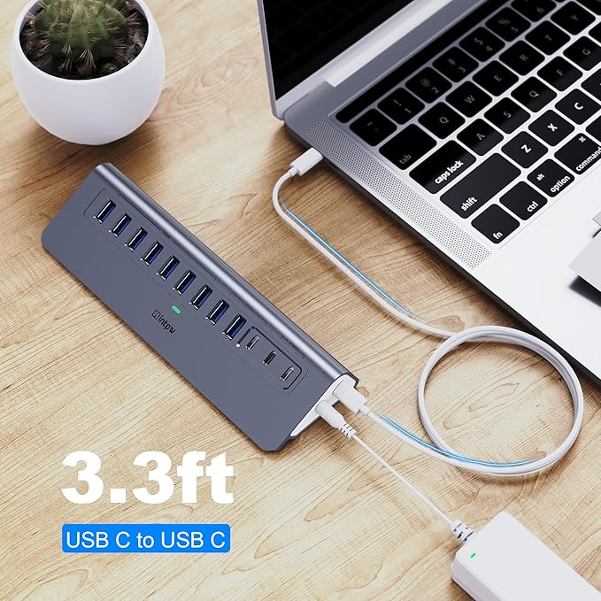 Powered USB Hub 10Gbps, intpw YH9AC 12-Port USB Splitter with USB A/USB C 3.2, 4 USB 3.0, 2 PD 45W Charging Ports, 65W Power Adapter + 3.3FT Cable, Aluminum USB Extender Hub for Laptop/PC/iPhone 16/15