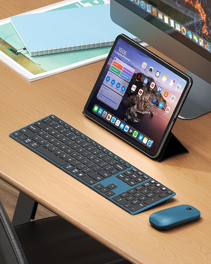 seenda Wireless Bluetooth Keyboard and Mouse Combo, SKM64-3 Rechargeable Slim Quiet Keyboard Mouse, 3 Multi-Device Connection, Compatible for Windows, Mac, MacBook, iPad, Tablet, Black Blue