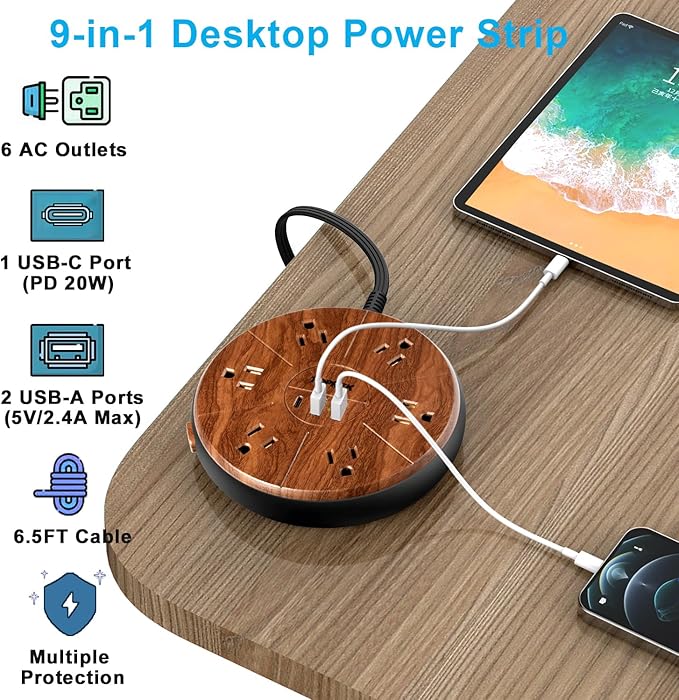 Power Strip with USB, PD 20W USB-C Charging, 6.5 FT Extension Cord with 6 Outlets, 1 USB-C, 2 USB-A, TOPREK Power Strip Surge Protector, Wood Finish Desk Charging Station for Home, Office, Dorm