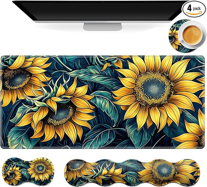 Gaming Mouse Pad Set, Sunflowers Pattern Large Desk Mat Mousepad, Keyboard Wrist Support, Mouse Wrist Rest, Coaster 4in1 Ergonomic Memory Foam, Non-Slip Stitched Edge for Home Office