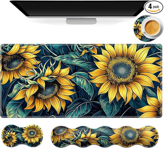 Gaming Mouse Pad Set, Sunflowers Pattern Large Desk Mat Mousepad, Keyboard Wrist Support, Mouse Wrist Rest, Coaster 4in1 Ergonomic Memory Foam, Non-Slip Stitched Edge for Home Office