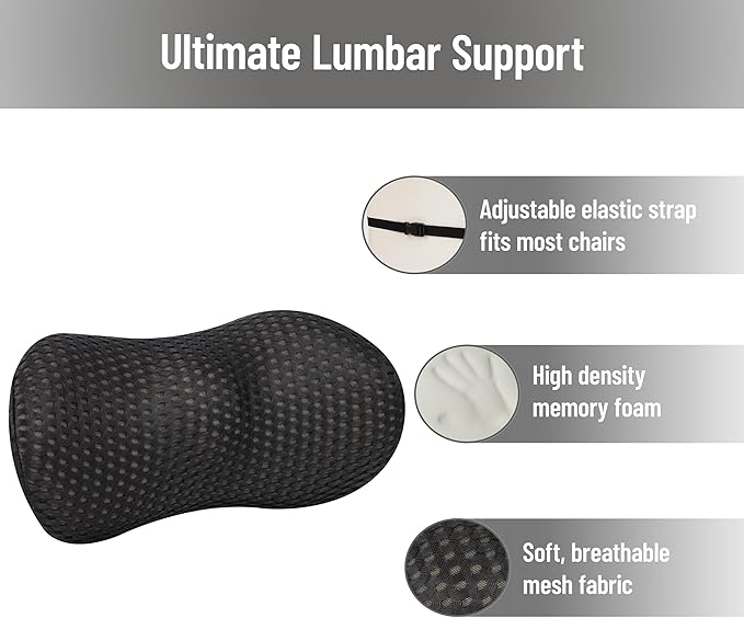 Mind Reader Lumbar Support Pillow with Air-Cloud Technology, Memory Foam Cushion for Back, Waist & Hip Pain Relief, Breathable Cover, Black