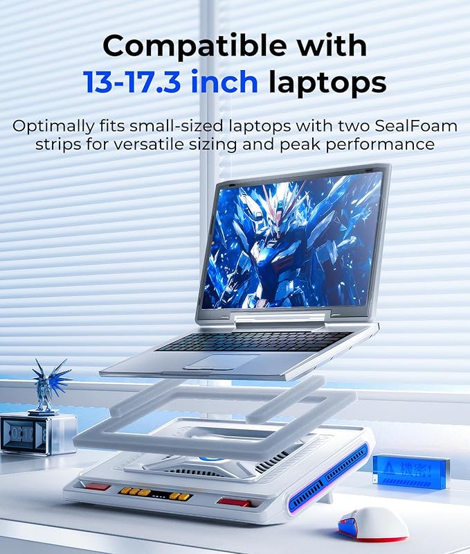 llano V10 Gaming Laptop Cooler, RGB Laptop Cooling Pad Stand with Powerful 4.72 Inch External Turbo Cooling Fan, Fast Cooling Computer 13-17.3inch, 3 Adjustable Stand, 4-Port USB C&A (White)