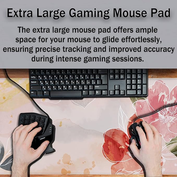 Gaming Mousepad Pink Cute Desk Mat Large Mouse Pads Large Mouse Pad for Woman Keyboard Mouse Pad The Desk Pad Non-Slip Rubber Base 35.4" X 15.7" for Game Office, Floral Watercolor Art