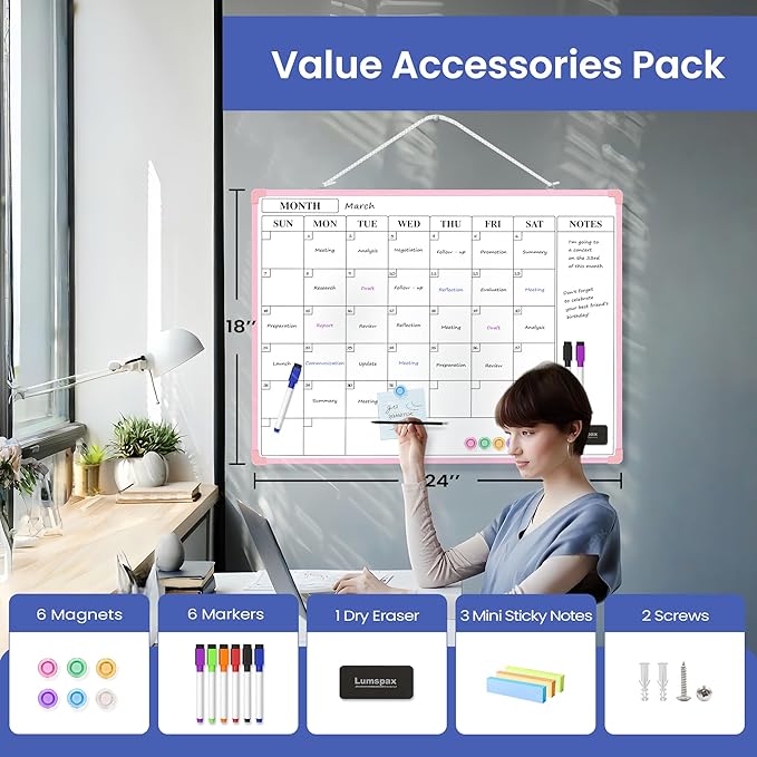 Monthly Whiteboard Calendar for Wall, 24" x 18" Dry Erase Board with Plastic Frame, Hanging Dry Erase Calendar with 3 Mini Sticky Notes for Kitchen Planner, Memo, Home and Office, Pink