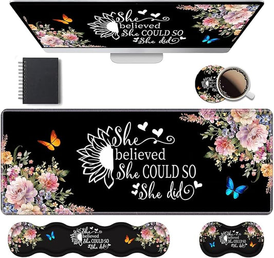 Ergonomic Keyboard Wrist Rest & Mouse Pad Wrist Rest Set, 31.5"x 11.8" Large XXL Gaming Desk Pad Memory Foam Non-Slip Desk Mat for Office & Home, Floral Quote She Believed She Could So She Did