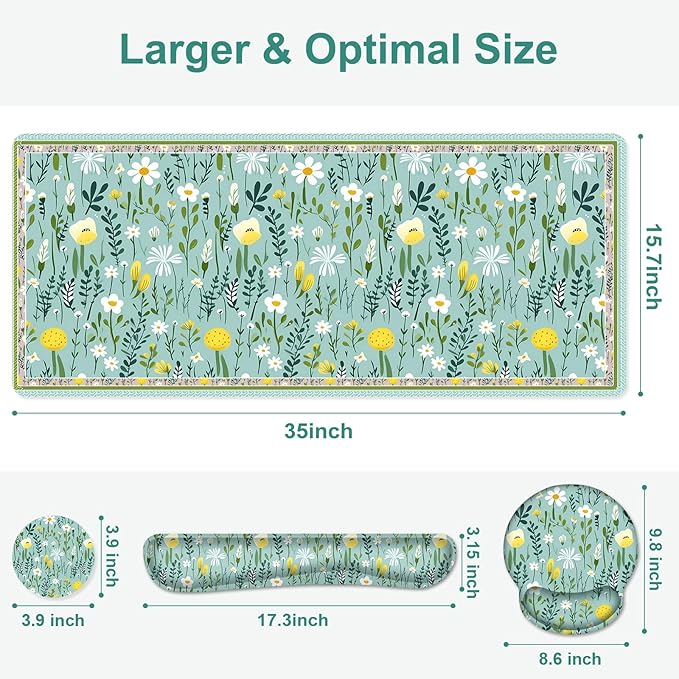 Floral Desk Mat, 4in1 Large Mouse Pad with Wrist Rest, Desk Matt for Desktop, Desk Pad Mat, Anti-Slip XXL Computer Ergonomic Mousepad with Wrist Support for Keyboard and Mouse I Green Elegant Flowers