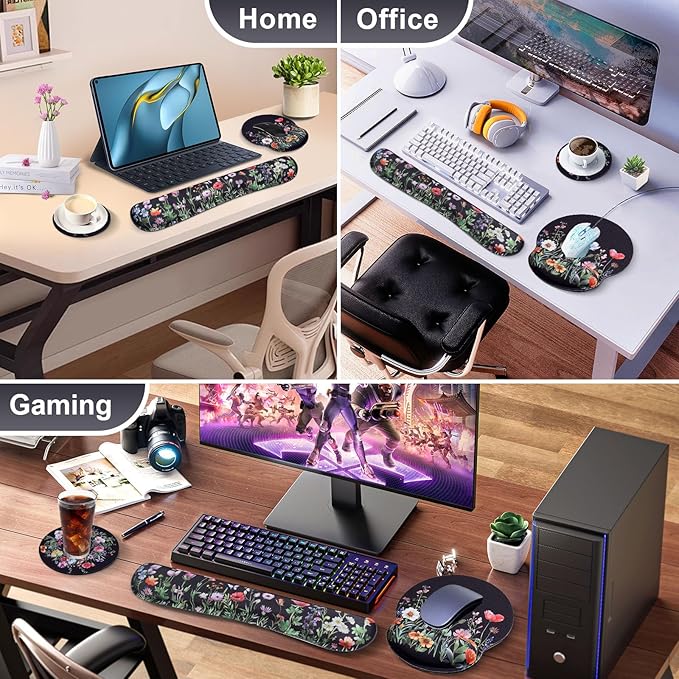 Wildflower Mouse Pad with Wrist Rest and Keyboard Wrist Rest Set, Black Floral Ergonomic Memory Foam Mouse Pad Set for Women, Office Desk Accessories, Gaming Use
