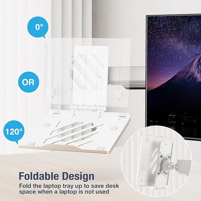 AVLT Adjustable Laptop Tray with Support for 120mm Fan Compatible with VESA 75x75 Monitor Arm - Fits Up to 17 Inch Laptop - White (Fan Not Included)