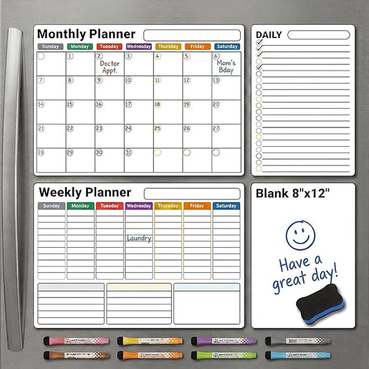Magnetic Calendar for Refrigerator (4-Pack, Ships Flat) - 17"x12" Monthly, Weekly, XL Daily & Blank Dry Erase Board - Nano-Tech Fridge Whiteboard Planner with Lined Grids, 8 Markers, Eraser