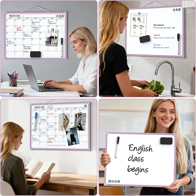 MaxGear Monthly Calendar Dry Erase Board for Wall, 16"x12" Small Hanging Double-Sided White Board, Portable Whiteboard for Planning, Drawing, Memo, to Do List, School, Home, Office, Purple Frame