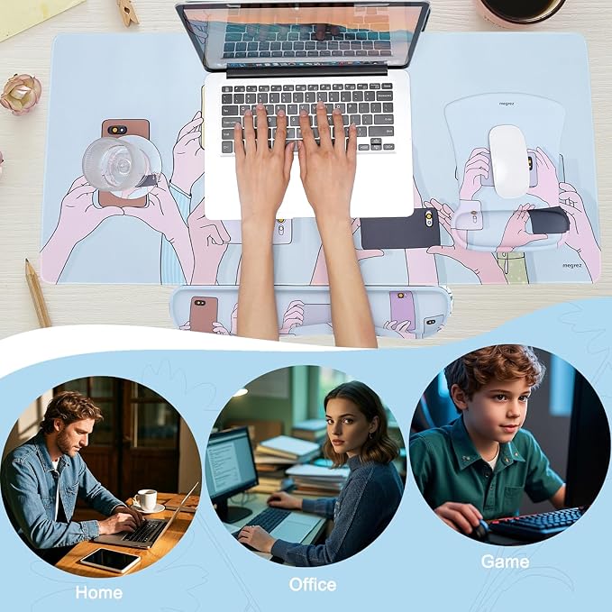 MEGREZ 4-in-1 Ergonomic Memory Foam Wrist Rest Set, Desk Pad, Mouse Pad with Wrist Rest, Keyboard Pad, Suitable for Office Workers, Programmers & Gamers–Relieve Typing & Gaming Fatigue,