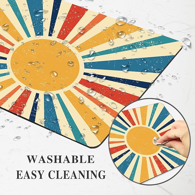 Retro Sun Mouse Pad Desk Mousepad Yellow Blue Rainbow Abstract Boho Vintage Aesthetic Square Computer Cute Washable Small Mat Non-Slip Rubber Gaming Office Laptop Wireless Travel Accessories