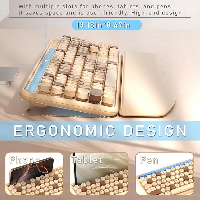 Colorful Wireless Computer Keyboard and Mouse Combo with Phone Holder, Wrist Rest, Typewriter Keys, 2.4GHz Wireless, Full-Sized Optical Mouse for PC and Laptop (Milk Tea)