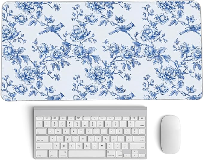 Navy Blue Chinoiserie Mouse Pad,Vintage Blue and White Floral Desk Mat,XL Large Flowers and Birds Preppy Mouse Pad,Girly Laptop Desk Mat for Dorm Home Office,23.6x11.8 Inch