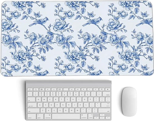 Navy Blue Chinoiserie Mouse Pad,Vintage Blue and White Floral Desk Mat,XL Large Flowers and Birds Preppy Mouse Pad,Girly Laptop Desk Mat for Dorm Home Office,23.6x11.8 Inch