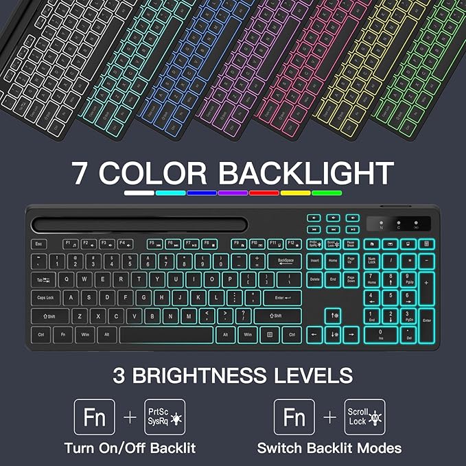 Wireless Keyboard with 7-Color RGB Backlit, Full-Size Computer Keyboard with Phone Tablet Holder, 2.4G Rechargeable Gaming Keyboard with Light Up Keys, Compatible with Mac, Windows (Black)