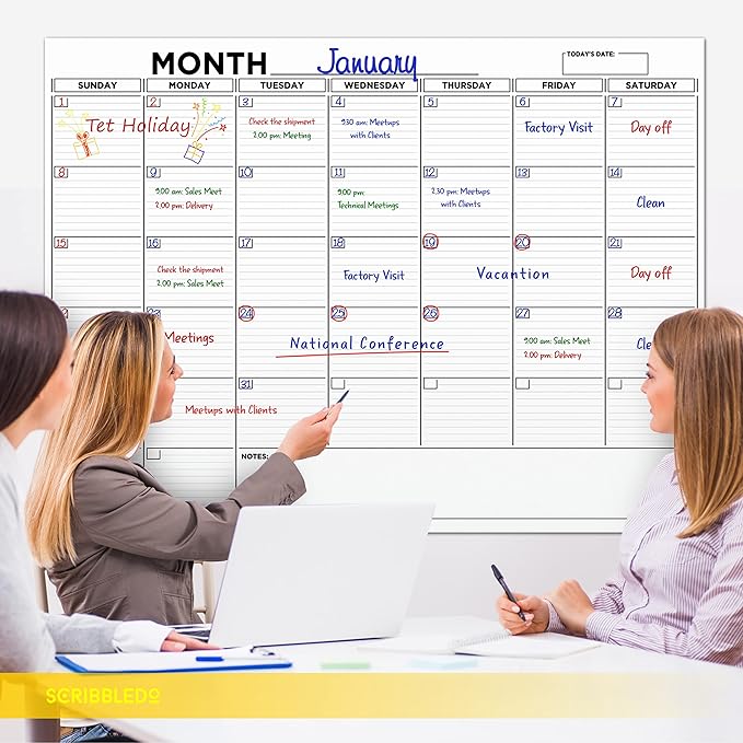 Large 36"x48" White Board Calendar Blank Dry Erase Calendar for Wall Big Dry Erase Wall Calendar Monthly Large Wall Calendar Dry Erase Board Planner Includes 6 Markers Eraser Push Pins & Mounting Tape