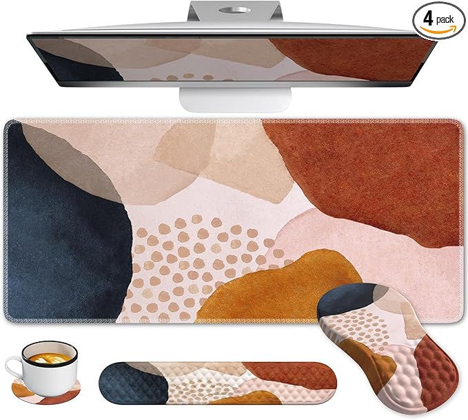 Large Desk Matt for Desktop, Boho Desk Mat Set, Carpal Tunnel Keyboard and Mouse Pad, Desk Mat for Keyboard and Mouse, XL Computer Mouse Pad for Desktop Laptop, Color Block Orange