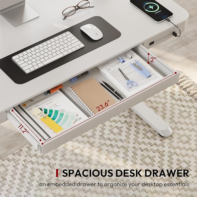 SANODESK Standing Desk with Drawer, Electric Height Adjustable Home Office Desk with Storage & USB Ports, 55 inch White Wood Tabletop/White Frame