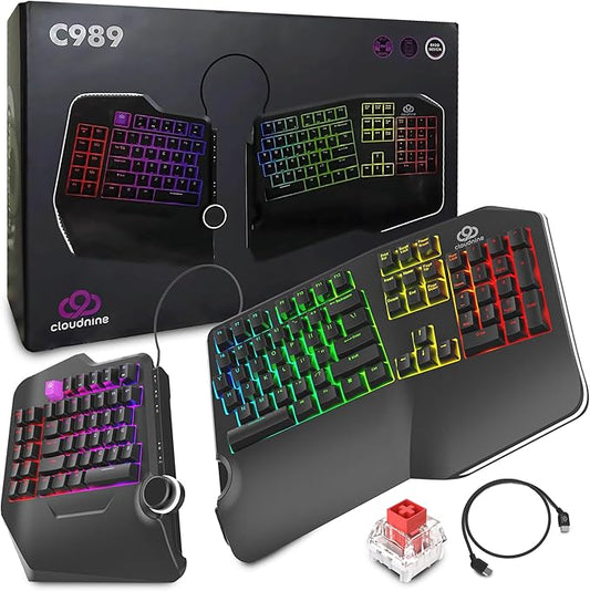 Cloud Nine C989 Ergonomic Mechanical Keyboard for PC - Kailh Linear Red Switches - RGB Light Up LED Backlit with USB - Ergo Split Key Board with Macro