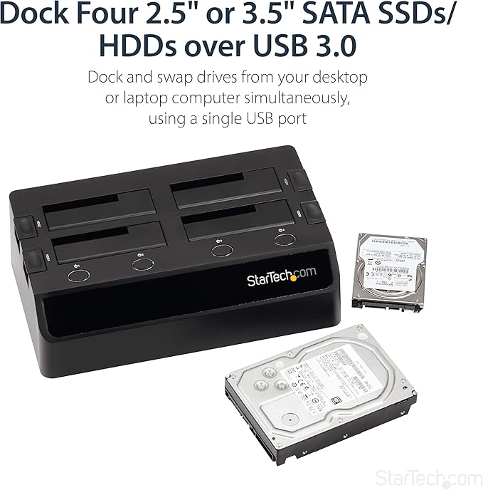 StarTech.com 4-Bay USB 3.0 To SATA Hard Drive Docking Station, USB Hard Drive Dock, External 2.5/3.5" SATA III SSD/HDD Docking Station, Hot-Swap Hard Drive Bay, Top-Loading (SDOCK4U33),Black