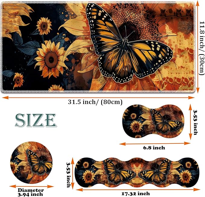 Large Gaming Mouse Pad + Keyboard Wrist Rest + Wrist Support + Coaster Set, Memory Foam Ergonomic for Easy Typing, XXL Extended Gaming Mouse Pad Table Pad - Sunflower and Butterfly