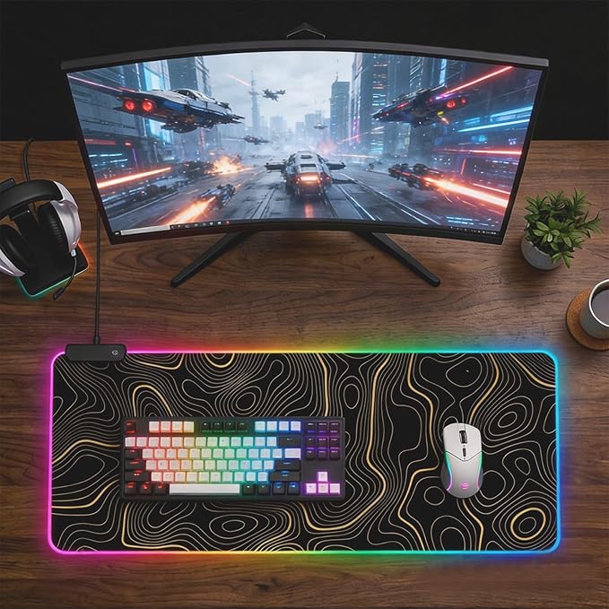 RGB Mouse Pad LED Desk Mat Large Gaming Mousepad Black and Gold Line Design, Keyboard Pad XL Mouse Mat for Home and Office (Black with Gold Topographic Line)