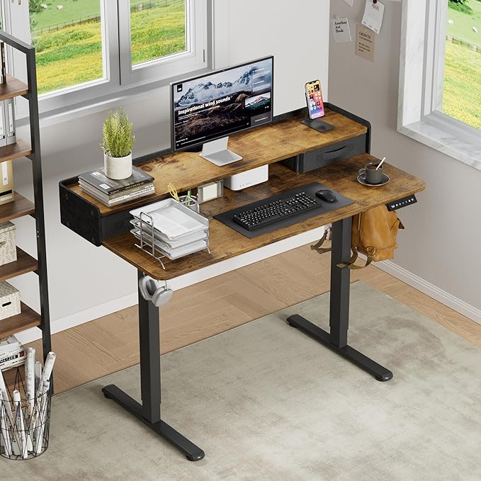 Furmax Electric Standing Desk with Drawers, Stand Up Desk with Storage Shelf Height Adjustable Computer Desk with Organizer for Home Office Ergonomic (Rustic Brown, 48 Inch)