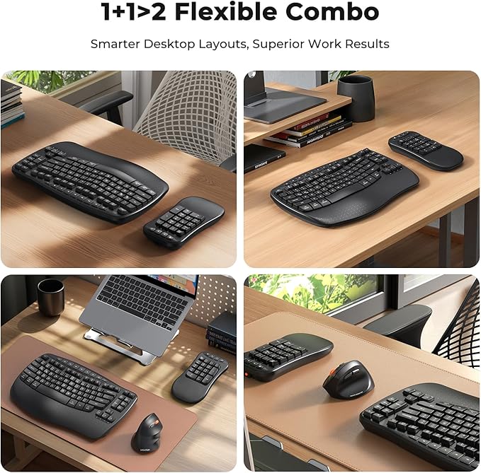 MEETION Ergonomic Keyboard with Separate Numeric Keypad, Wave Wireless Flexible 2-in-1 Setup for Multi-Device, 2.4G/Bluetooth Split Design with Wrist Rest for Accountants/Data Entry/Left-Handed