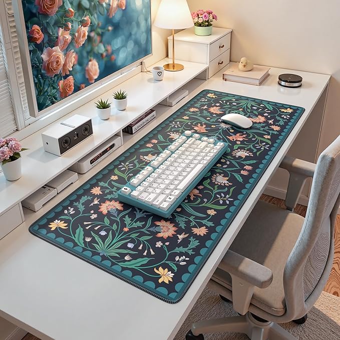iLeadon Large Mouse Pad for Desk, Computer Cover Mat with Smooth Lycra Surface, Floral Desk Mat for Keyboard for Office, Home, Navy Blue