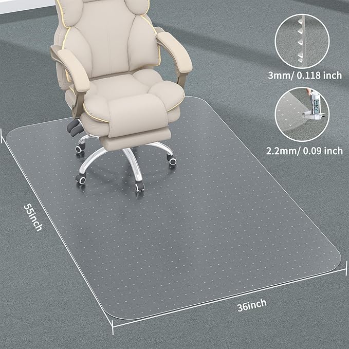Office Chair Mat for Carpet, 55" X 36" X 0.09" Carpet Chair Mats, Clear and Thick Rolling Computer Chair Mat with Non-Slip Studded for Home and Office Low Pile Carpets