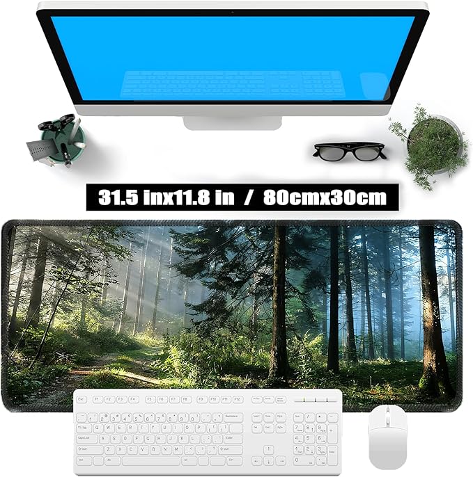 Morning Mist Forest Mouse pad, Micro-Woven Fabric Desk pad,Large Green Tree Natural Scenery Desk mat with Sewn Edges, Anti-Slip Rubber Base, Suitable for Office laptops, Size 31.5×11.8 in