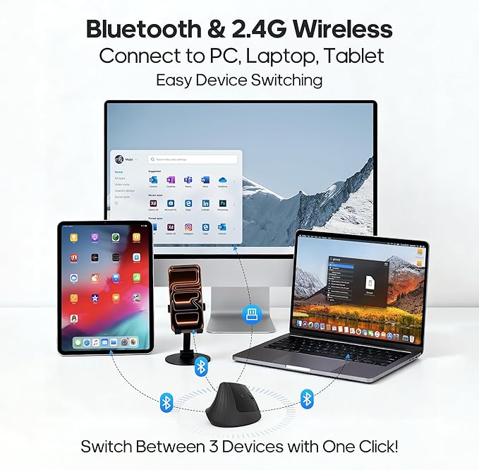 Ergonomic Vertical Mouse,Wireless Bluetooth 5.0 and 2.4G Mouse,Silent Click, 60% Reduced Wrist Pressure,3 Adjustable DPI for PC,Mac,Laptop,Computer,Home,Office Use (Black)