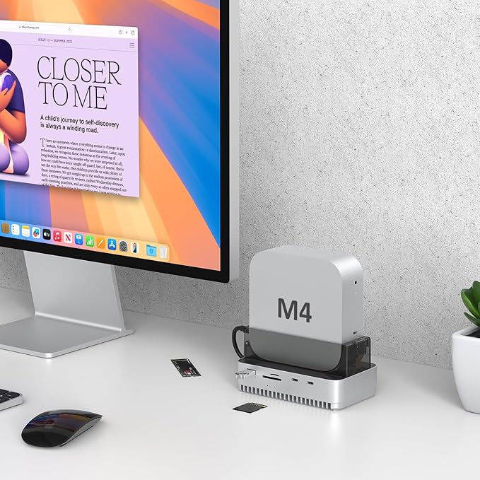 Qwiizlab 40Gbps Mac mini M4/M4 Pro Stand Hub with NVMe SSD Enclosure, Docking Station with USB-C 10Gbps, USB-A 10Gbps, TF/SD 4.0 Card Readers 312MB/s, USB-A 2.0, Fits M.2 PCIe up to 8TB
