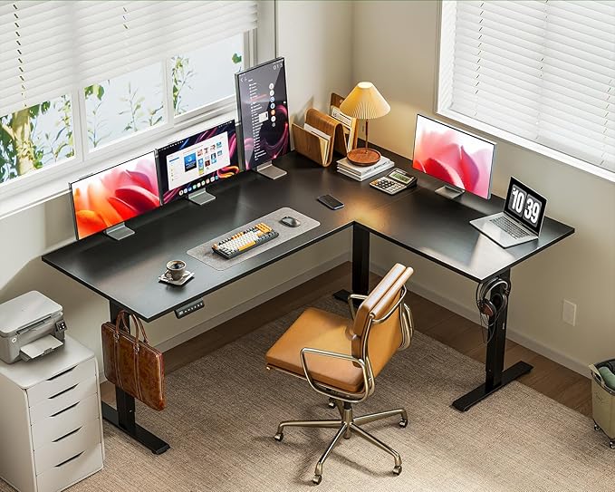 Casaottima 63 Inch Reversible L Shaped Electric Standing Desk, Ergonomic Height Adjustable Desk, Large Lift Corner Stand up Table for Workstation, Home Office, Reception Room, Black