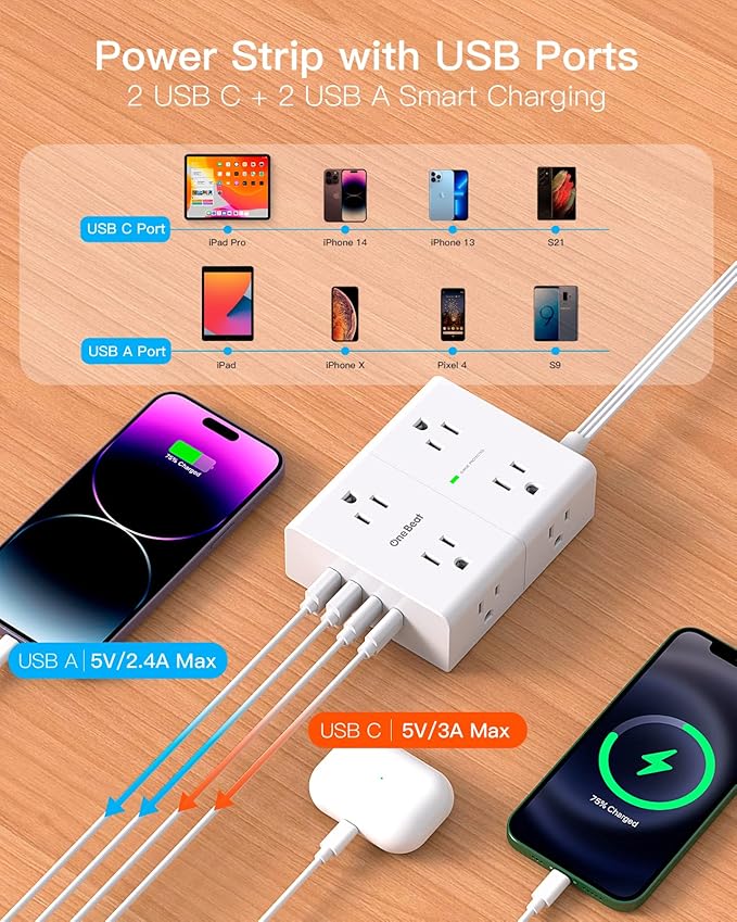 10Ft Extension Cord with Multiple Outlets, Flat Plug Surge Protector Power Strip 10 Ft Long Cord, 8 Outlets & 4 USB Ports (2 USB C), 900J Desk Charging Station for Home Office, College Dorm Essentials