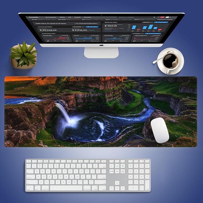 Wknoon. Extra Large Gaming & Office Mouse Pad (31.5" x 11.8") with Durable Stitched Edges – Whirlpool Water Falls Majestic Cascade in a Green Canyon, Anti-Slip Rubber Base Extended XXL Desk Mat