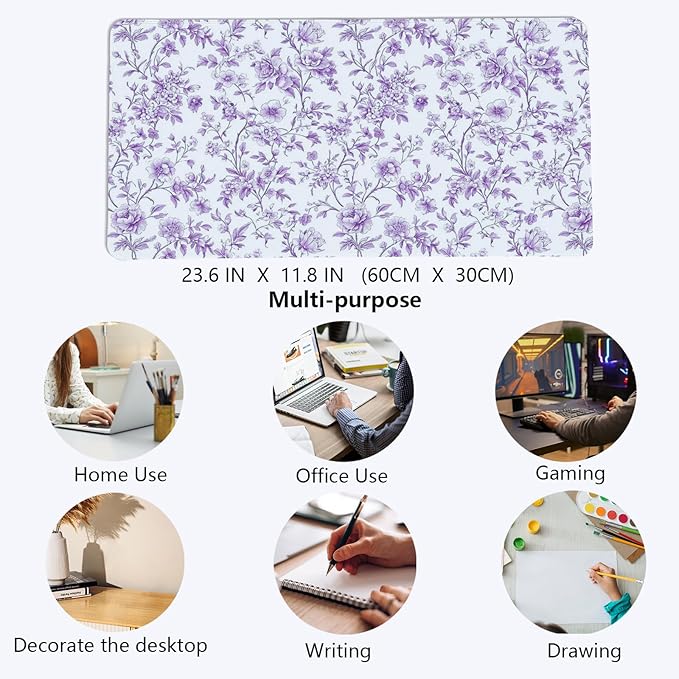 Purple Chinoiserie Mouse Pad,Vintage Purple and White Floral Desk Mat,XL Large Vintage Flowers Preppy Mouse Pad,Girly Laptop Desk Mat for Dorm Home Office,23.6x11.8 Inch
